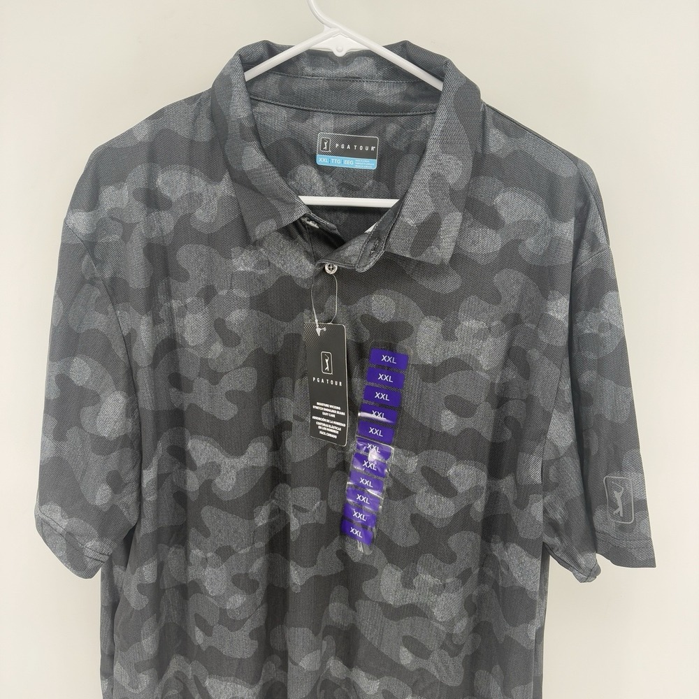 New PGA Tour Men Camo Golf Polo Shirt Black Grey Pro Series Performance Tech XXL